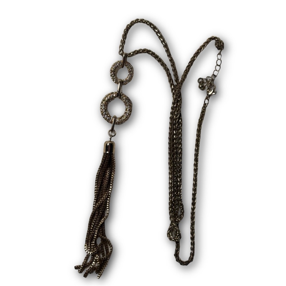 Estate Long Chain Necklace with Crystal Circle and Tassel Pendant